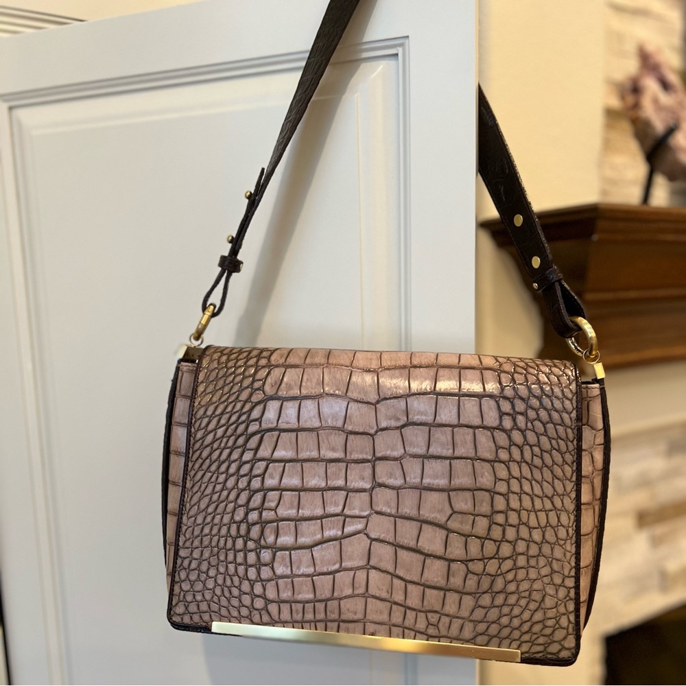 Brahmin Croc Embossed Leather Shoulder Handbag Dark Brown and Tan- BRAND NEW